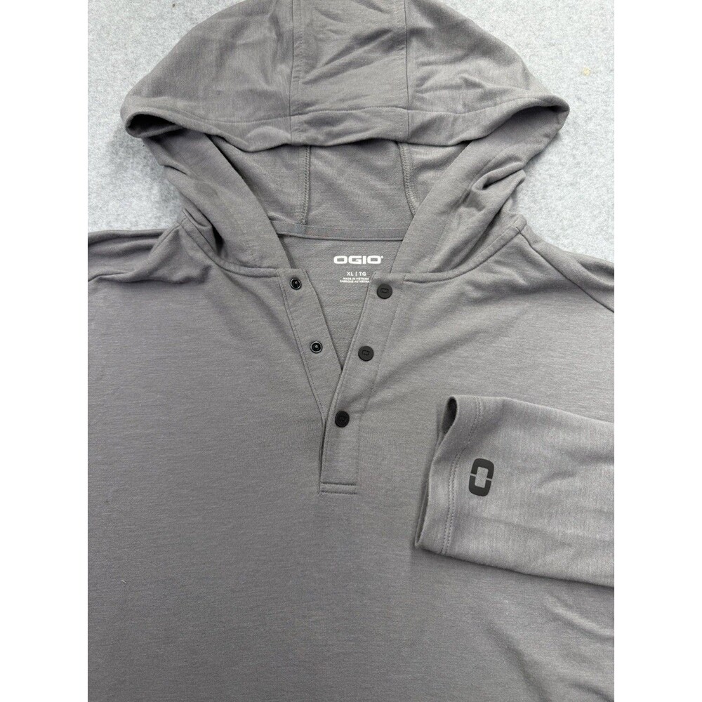 OGIO Gray Henley Hooded Pullover Hoodie Men's XL Button Logo Stretch Athleisure